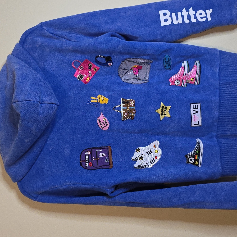 Butter Hoodie with Patches In A 90s Vibe. Size Large